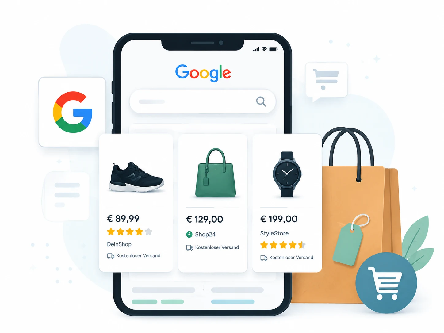 Google Shopping Anzeigen für Produkte mit Preisen und Versandhinweisen
