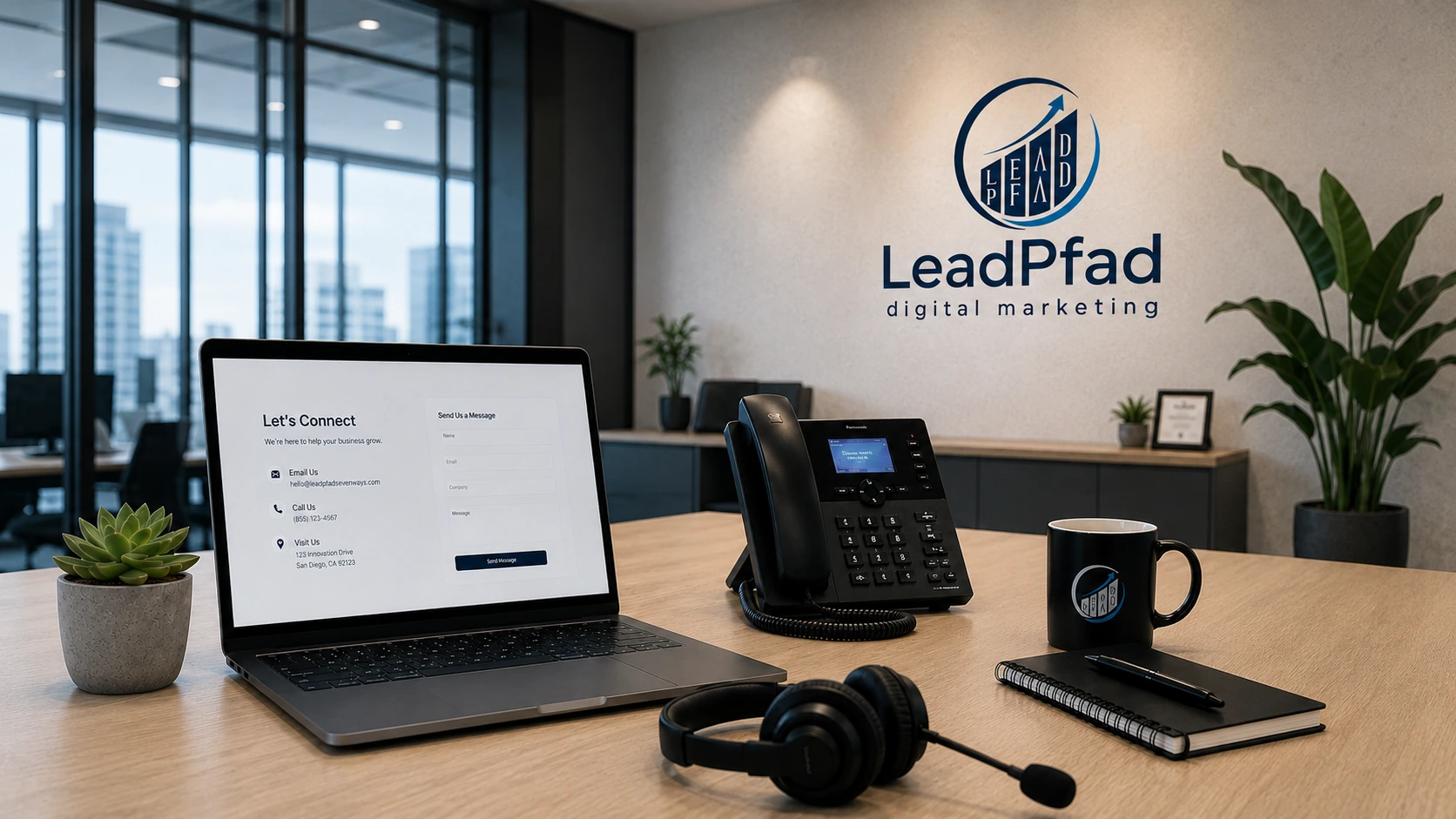 Horizontaler Kontaktbereich von LeadPfad mit Laptop, Telefon und Markenlogo
