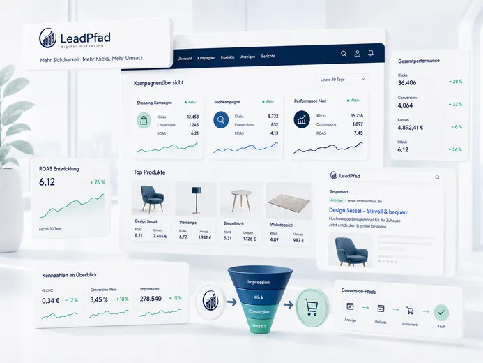 Google Ads, Shopping und Performance-Max-Kampagnen mit Kennzahlen und Conversion-Pfad