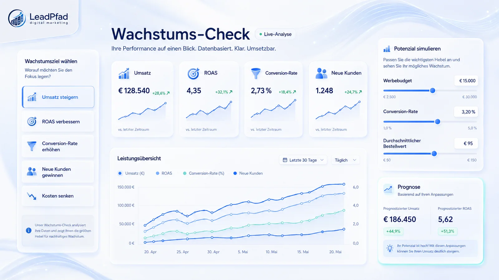 Wachstumsanalyse mit Umsatz, ROAS, Conversion-Rate und Prognose