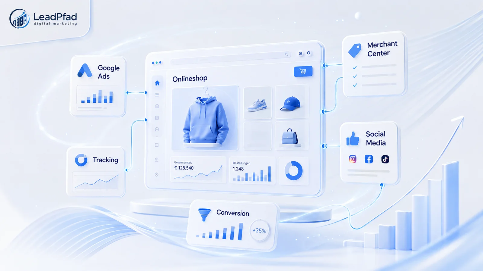Onlineshop im Zentrum von Google Ads, Tracking, Merchant Center, Social Media und Conversion